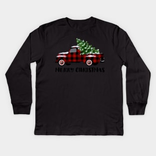 Buffalo Plaid Vintage Truck with Christmas Tree Kids Long Sleeve T-Shirt